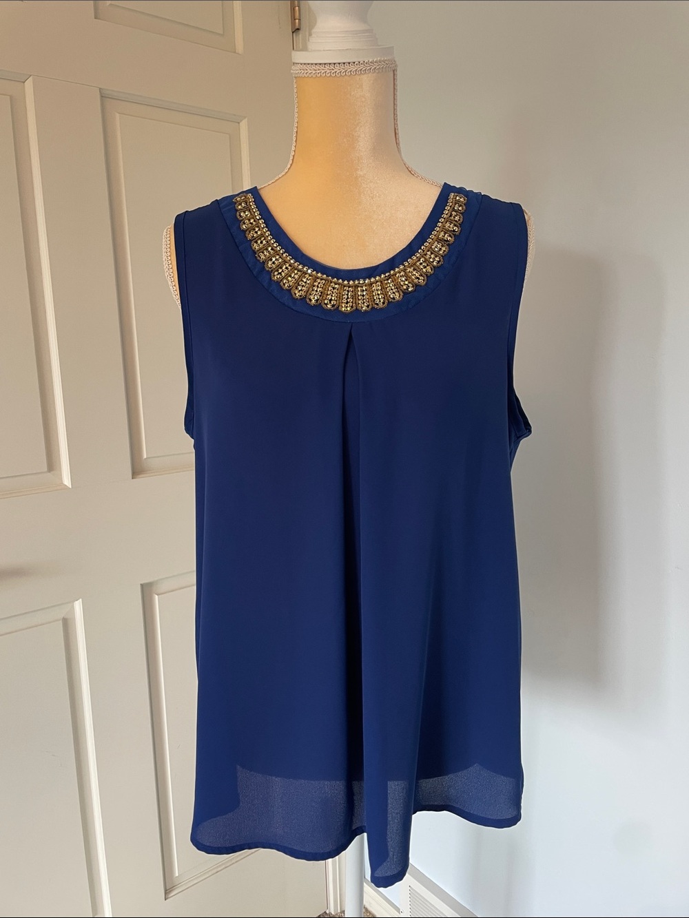 Embellished Royal Blue Sleeveless Blouse XL Easy Care
